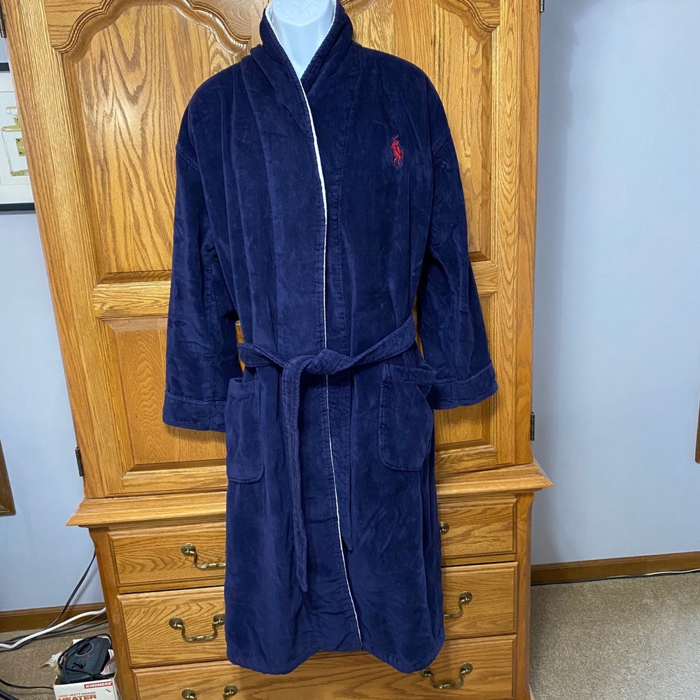 Polo Ralph Lauren VTG Robe Navy Red Fleece Lined Shawl Collar Belted Men OS - Picture 7 of 13